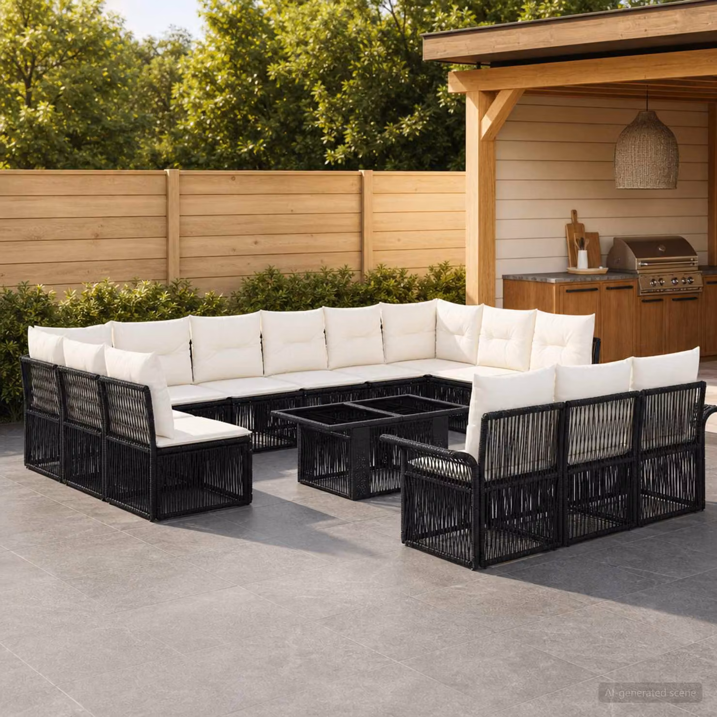 Set Divano da Giardino vidaXL 14 pz a forma a U in Polyrattan con Tavolino e Cuscini, Nero e Bianco Crema