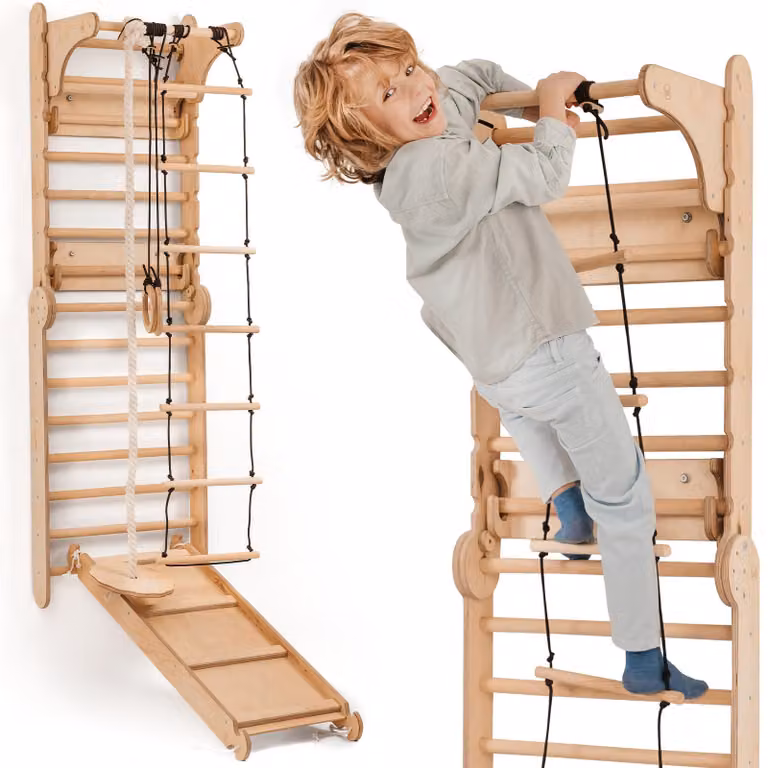 Set 6 in 1 con parete da arrampicata in legno e scivolo – Set versatile a forma di triangolo per bambini con scaletta, scivolo e barre parallele – Perfetto per bambini dai 2 ai 12 anni