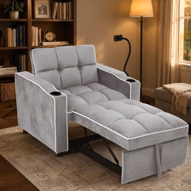 Poltrona letto estraibile 83x167x76 cm grigio, velluto con 2 portabicchieri