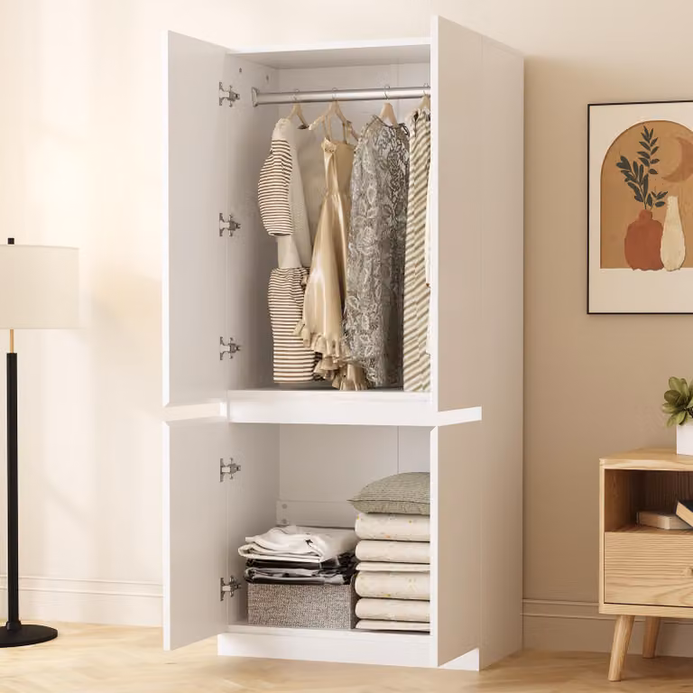 Armadio Flieks con appendiabiti e 4 ante, armadio ad angolo Armadio per camera da letto con vano portaoggetti, 70x40x170cm, bianco