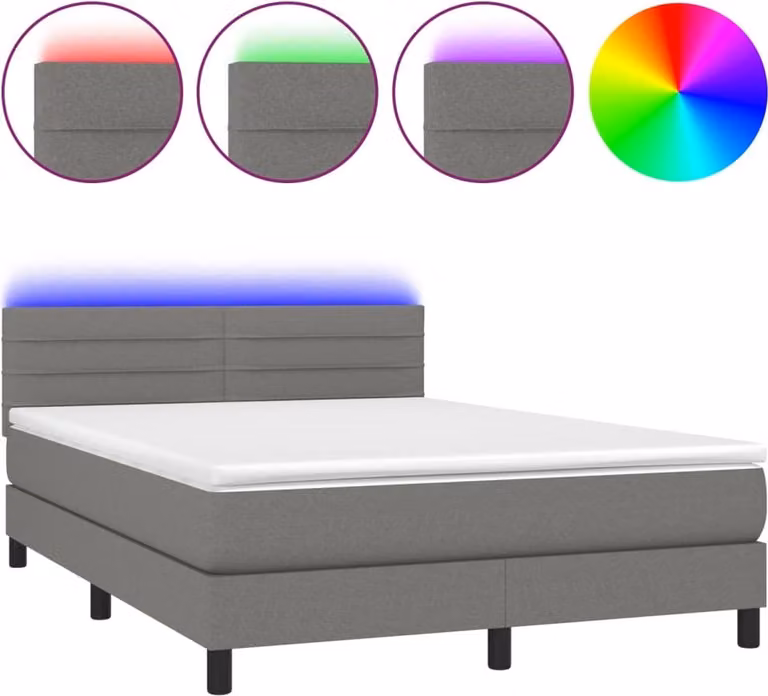 Letto a Molle Materasso e LED Grigio Scuro 140x200cm in Tessuto