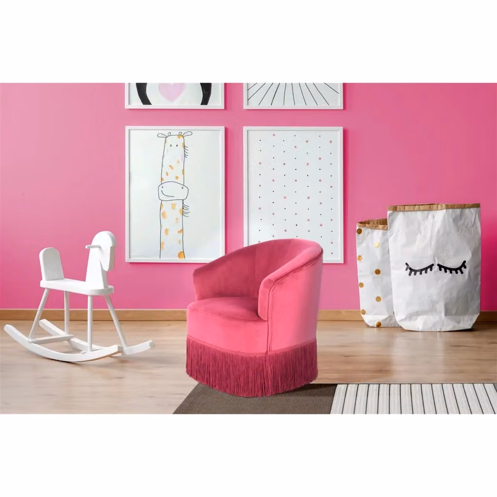 Poltroncina per bambini Alfred di Kendra Home in velluto rosso e rosa con struttura in legno massello e braccioli – 2