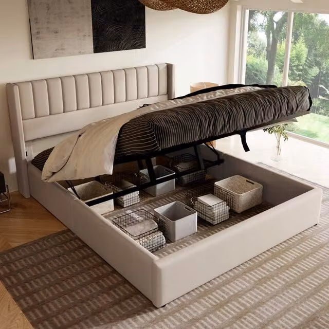 Letto con contenitore - Xylo - 140x200cm - Beige - Pikowane hydraulika lin