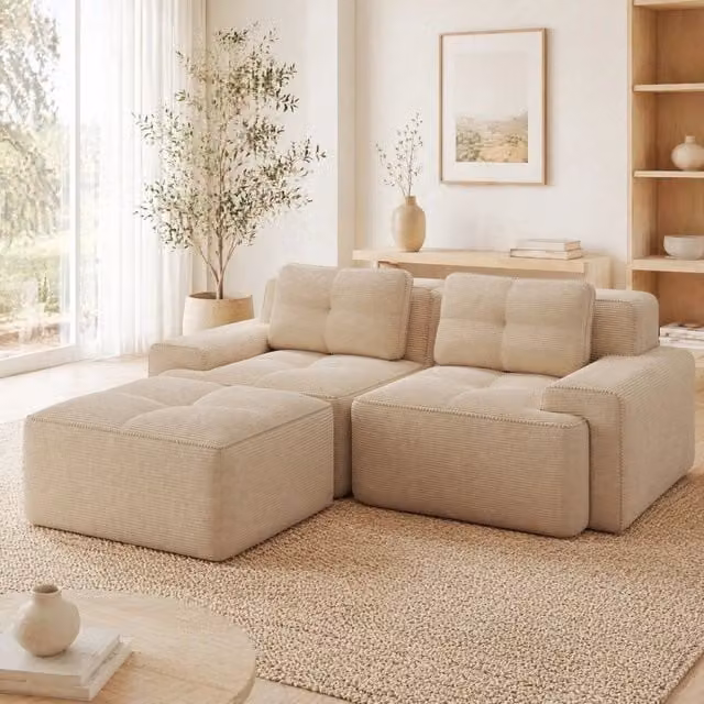 Divano modulare con seduta profonda 74 cm; base antiscivolo in velluto a coste beige