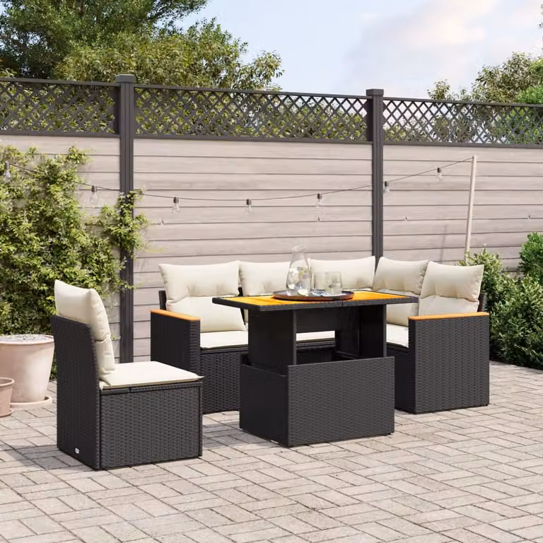 Set Divano da Giardino vidaXL 6 pz in Polyrattan Nero con Cuscini e Tavolino da Esterno a Forma di L