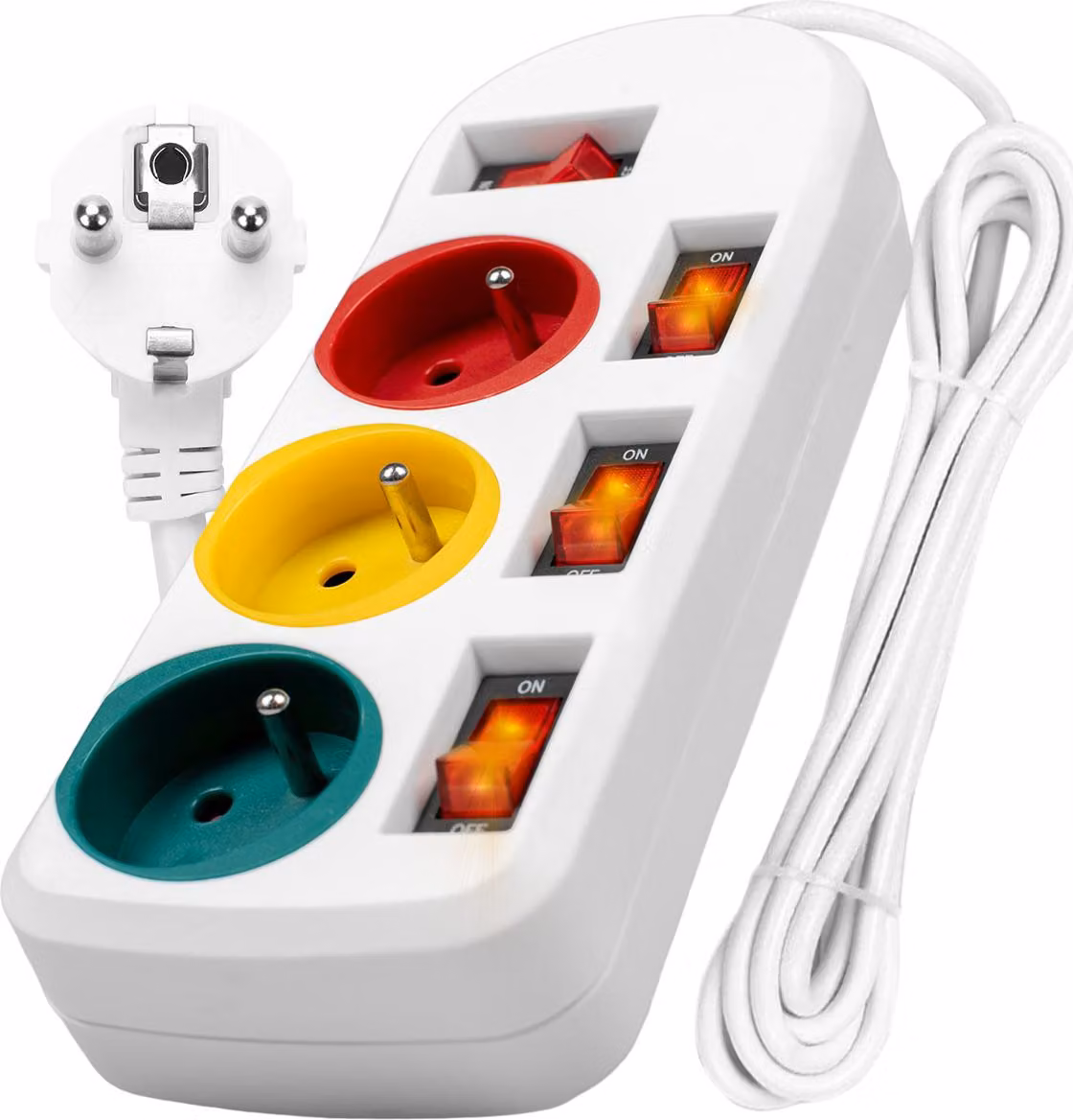 Vayox VA0400 striscia di prese 1,5 m a 3 vie, 4 interruttori, bianco