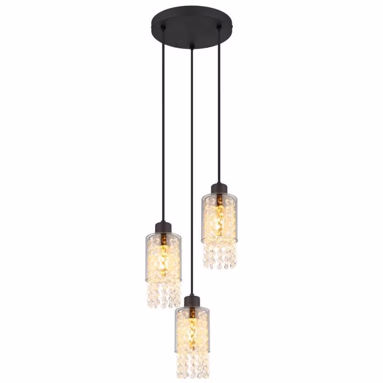 Globo Lighting lampada a sospensione metallo nero opaco, vetro color fumo, cristalli di vetro trasparenti, cavo PVC nero, ø: 250mm, H: 1200mm, escl. 3x E27 40W 230V