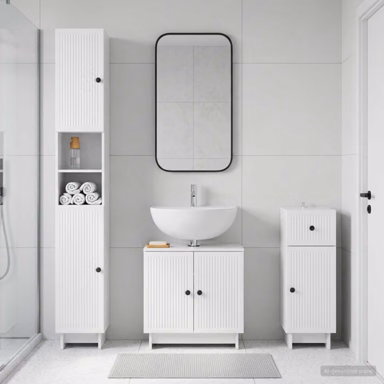 Set di armadietti da bagno moderni vidaXL EDE in 3 pezzi, Bianco Lucido, con mobile sottolavabo, colonna alta e mobile laterale