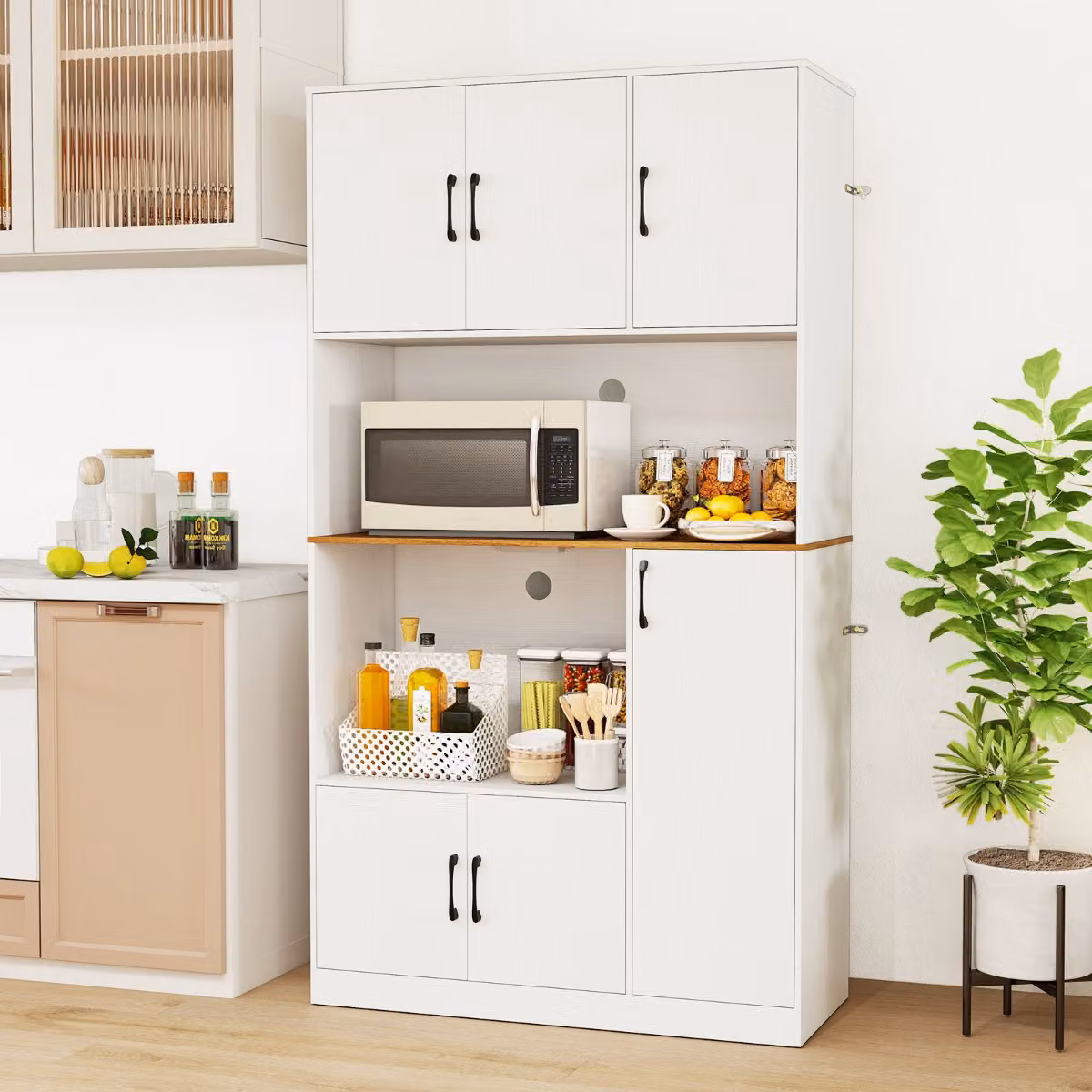 Costway Credenza autoportante in legno per cucina e sala da pranzo con supporto per microonde e armadio dispensa alto, Bianco