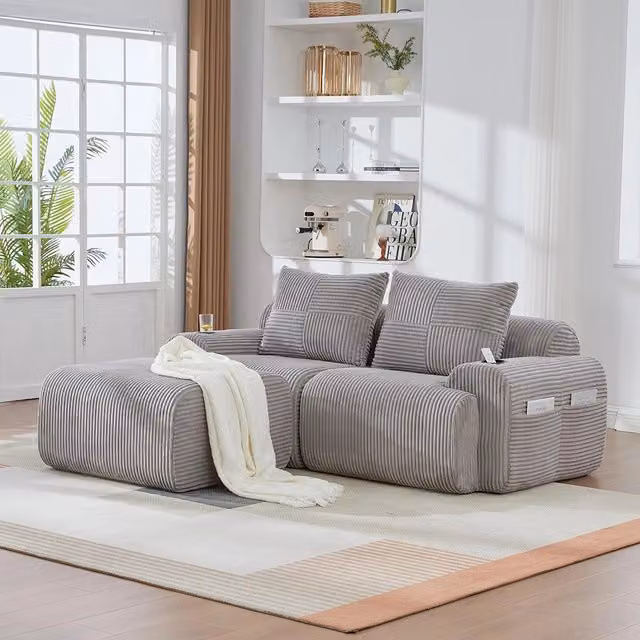Canap¨¦ modulable in velluto costato per 2 persone - Xylo - Grigio chiaro con porta-bevande e tasche laterali
