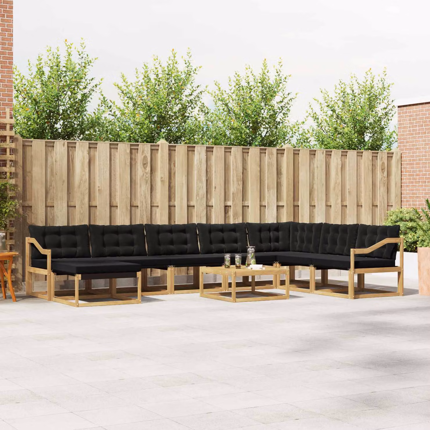 Set di divani da esterno vidaXL 9 pezzi in legno di acacia con cuscini bianchi e neri per giardino e terrazza