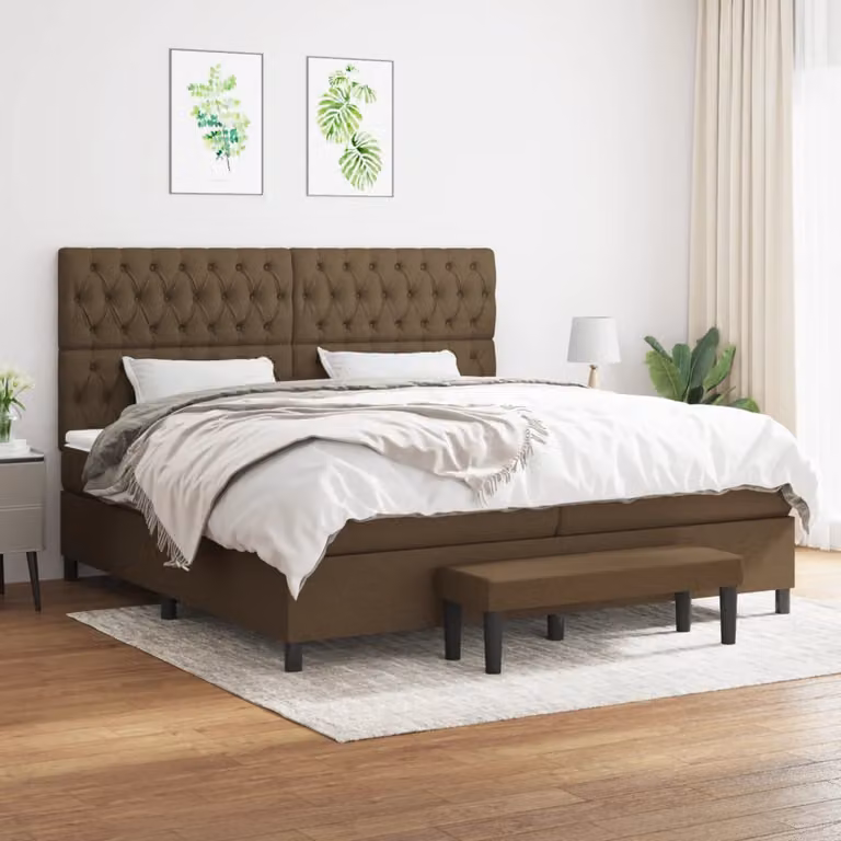 The Living Store Letto a molle con materasso marrone scuro 200x200 cm in tessuto