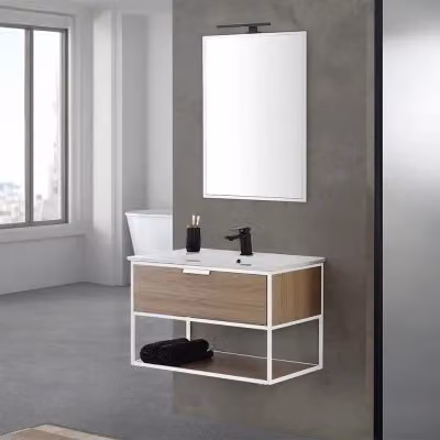 Mobile bagno sospeso Inbagno stile industrial in legno e metallo bianco e rovere con ante soft close – 2