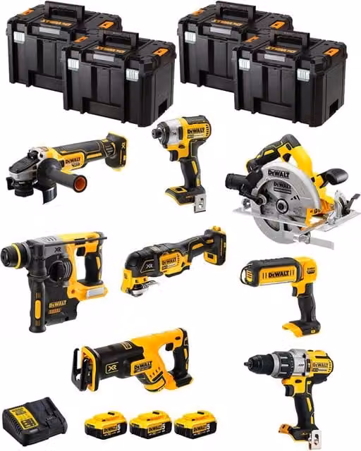 Kit utensili DeWALT DWK803T con avvitatore, trapano, martello perforatore e accessori inclusi in giallo