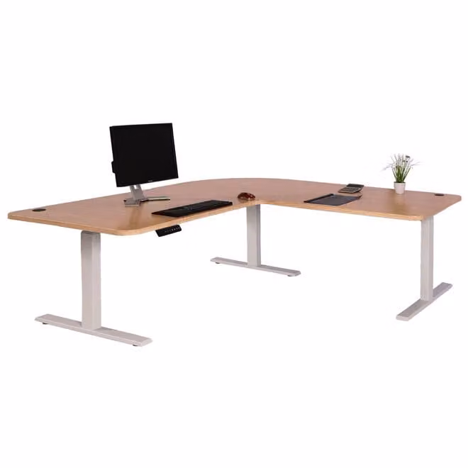 Scrivania angolare HWC-D40, scrivania per computer regolabile elettricamente in altezza 178x178cm 84kg MVG ~ marrone chiaro, bianco