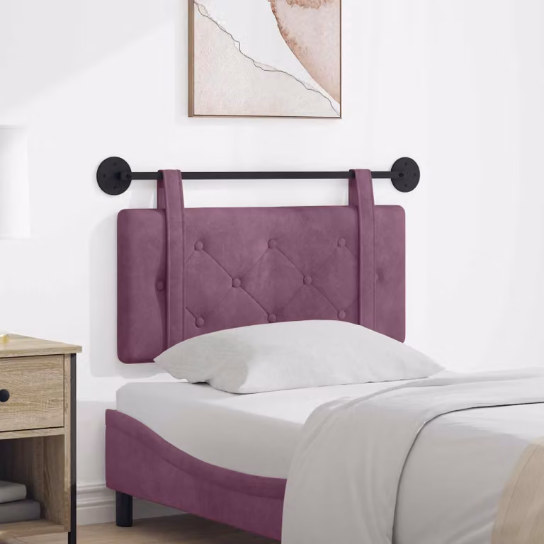 Testiera per letto sospesa vidaXL in velluto viola con pannello imbottito e struttura in legno e metallo L: 90 cm, P: 5 cm, H: 55 cm