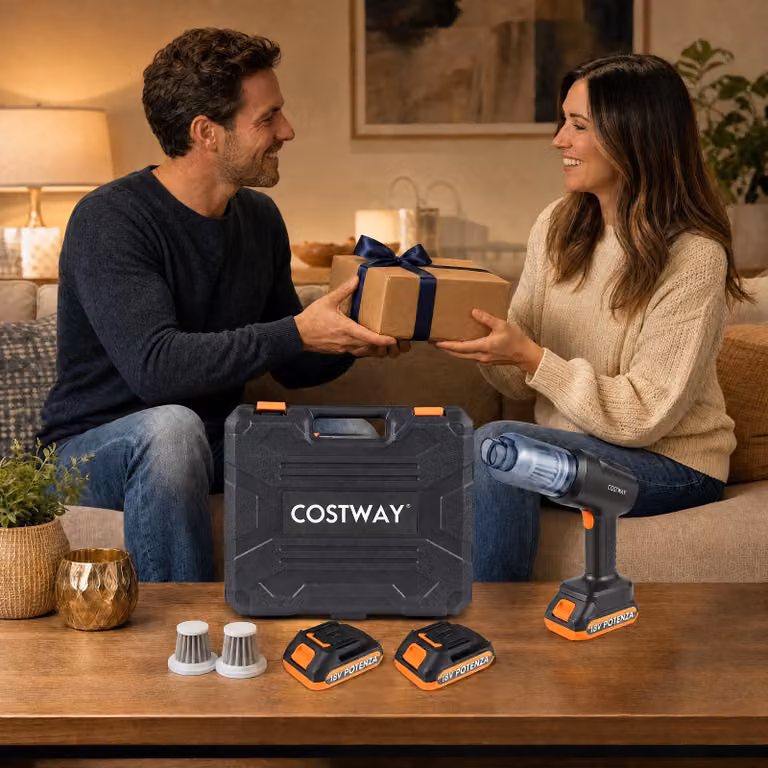 Aspirapolvere portatile e soffiante Costway senza fili con motore brushless, 8 in 1, colore nero, con 2 batterie ricaricabili per auto e casa