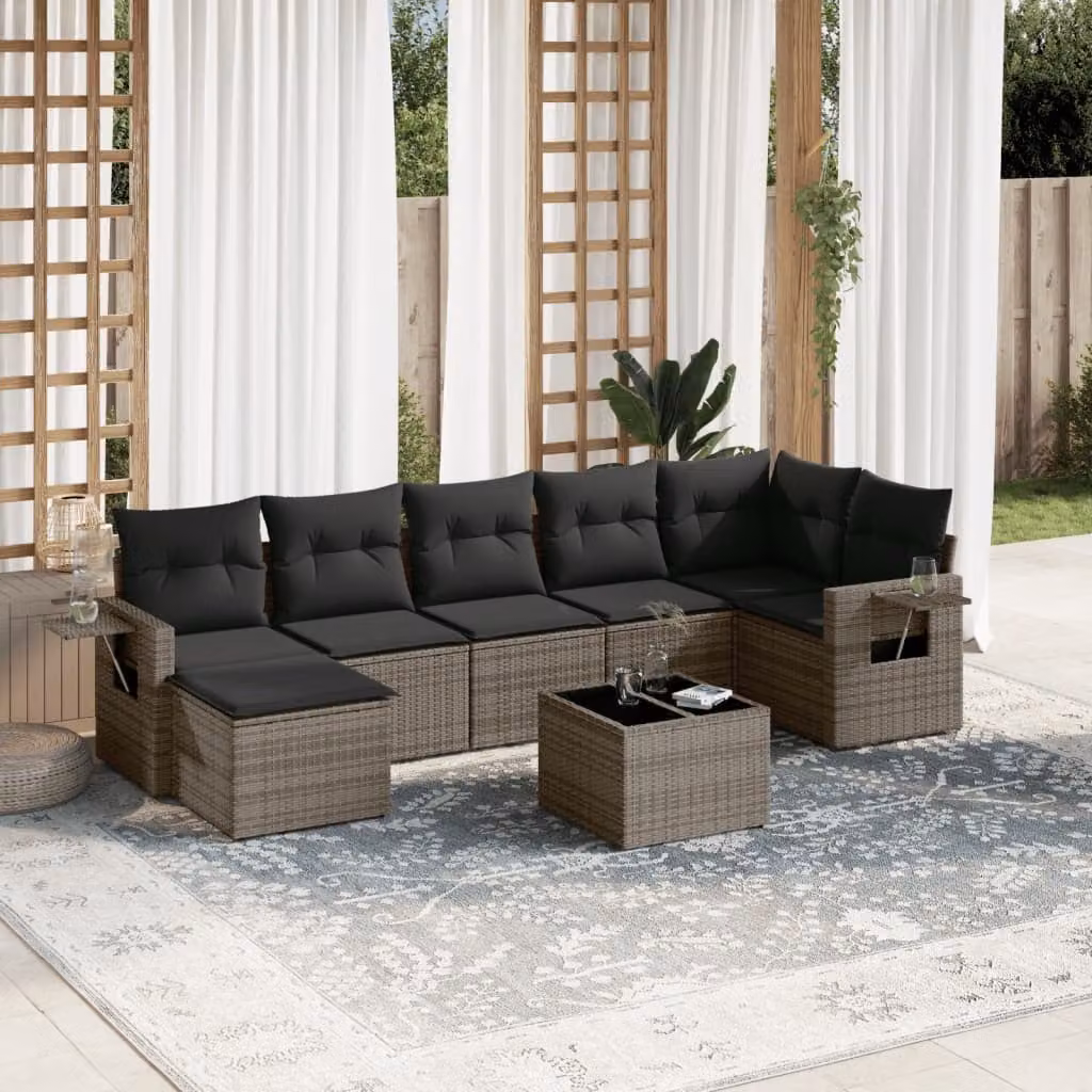 vidaXL Set Divano da Giardino 8 pz a Forma di L in Polyrattan Grigio con Cuscini e Tavolino – 1