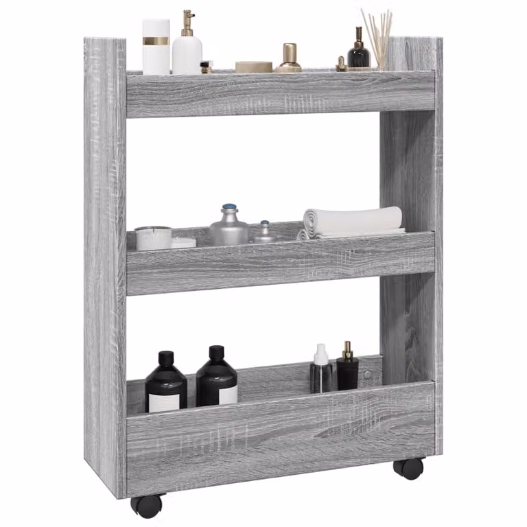 vidaXL Carrello Stretto a 3 Livelli Grigio con Ruote in MDF e Legno per Cucina o Bagno H: 80,0 cm, L: 60,0 cm, P: 22,0 cm