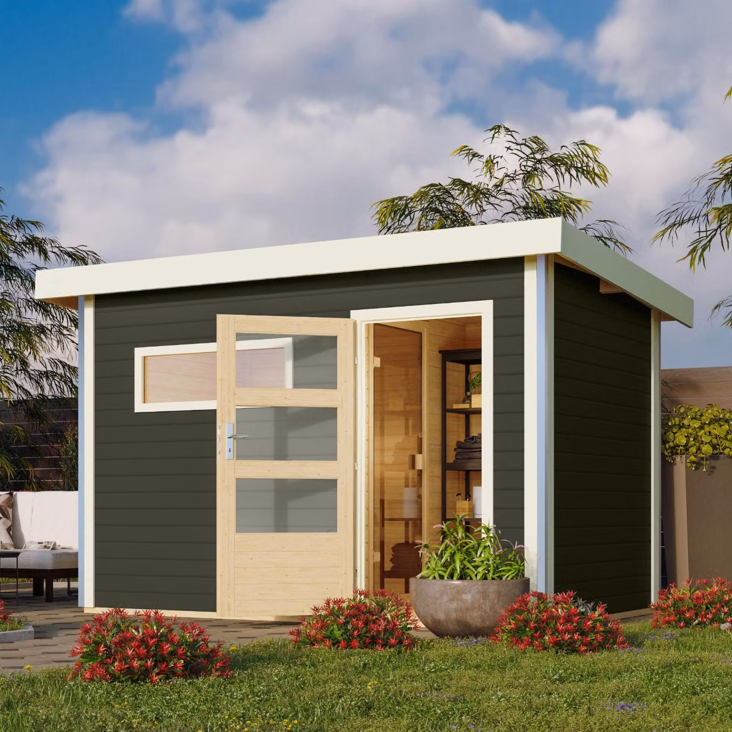 Sauna da giardino in legno Karibu / Casa della sauna "Skrollan 1" grigio terra 336 x 196 x 228 cm (L x P x A) senza riscaldatore con porta in vetro trasparente