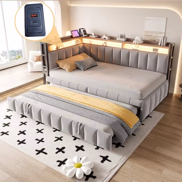Divano letto singolo 90x200 cm in velluto grigio chiaro con letto estraibile e LED