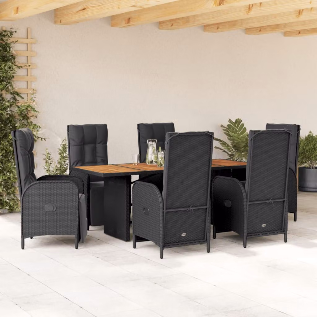 Set da Pranzo da Giardino vidaXL 7 pz in Polyrattan e Legno di Acacia Nero con Cuscini – 1