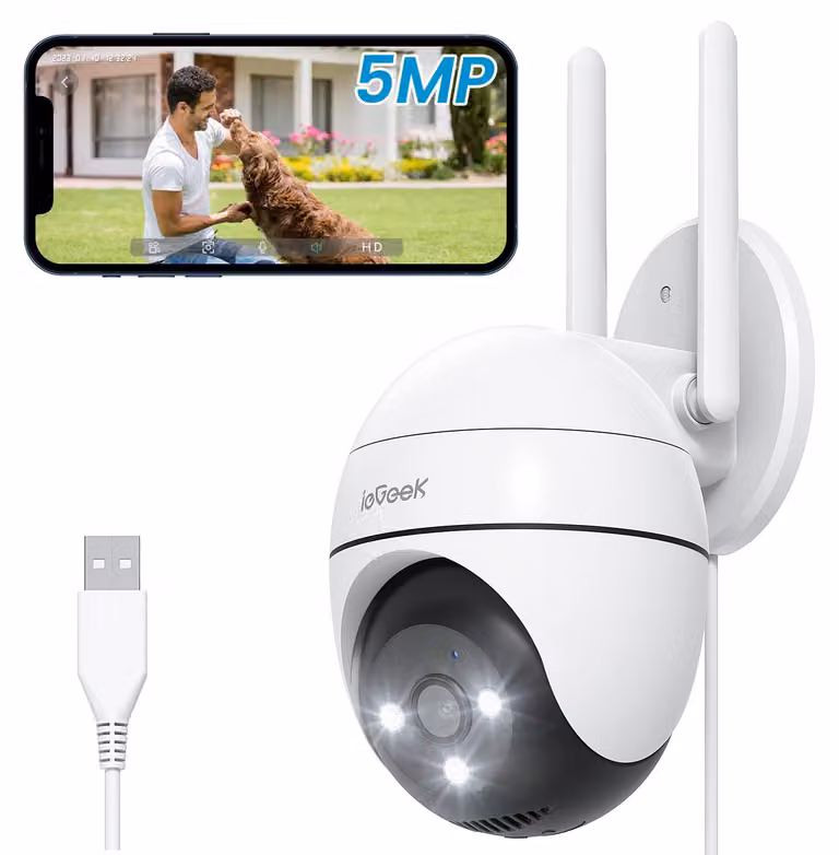 Telecamera di sicurezza esterna da 5 megapixel, con connessione Wi-Fi, funzionalità PTZ (pan-tilt-zoom) e visione a colori