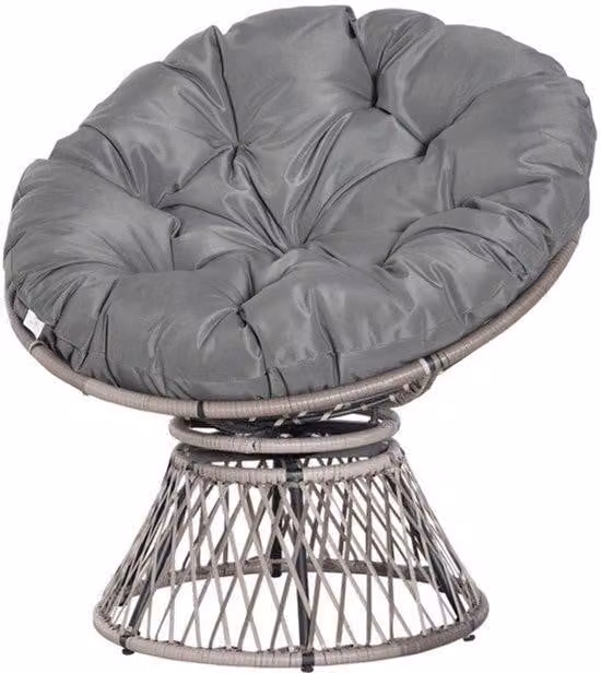 Sedia da giardino in rattan sintetico – Resistente agli agenti atmosferici – Girevole a 360° – Ampio cuscino per seduta – Tessuto in poliestere grigio