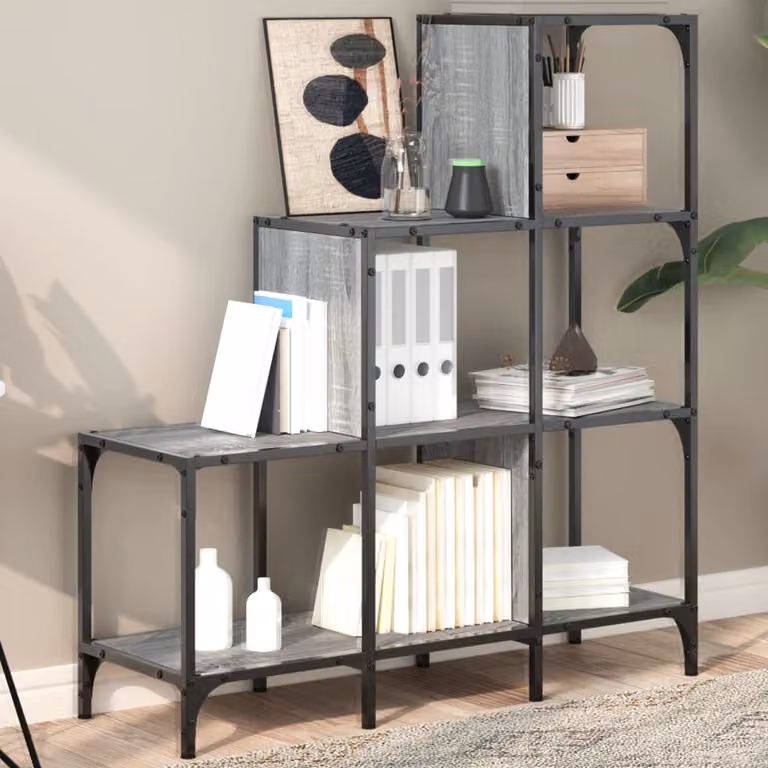 Libreria a scala vidaXL in stile industriale in legno e metallo grigio, L 92 cm x P 30 cm x H 102 cm