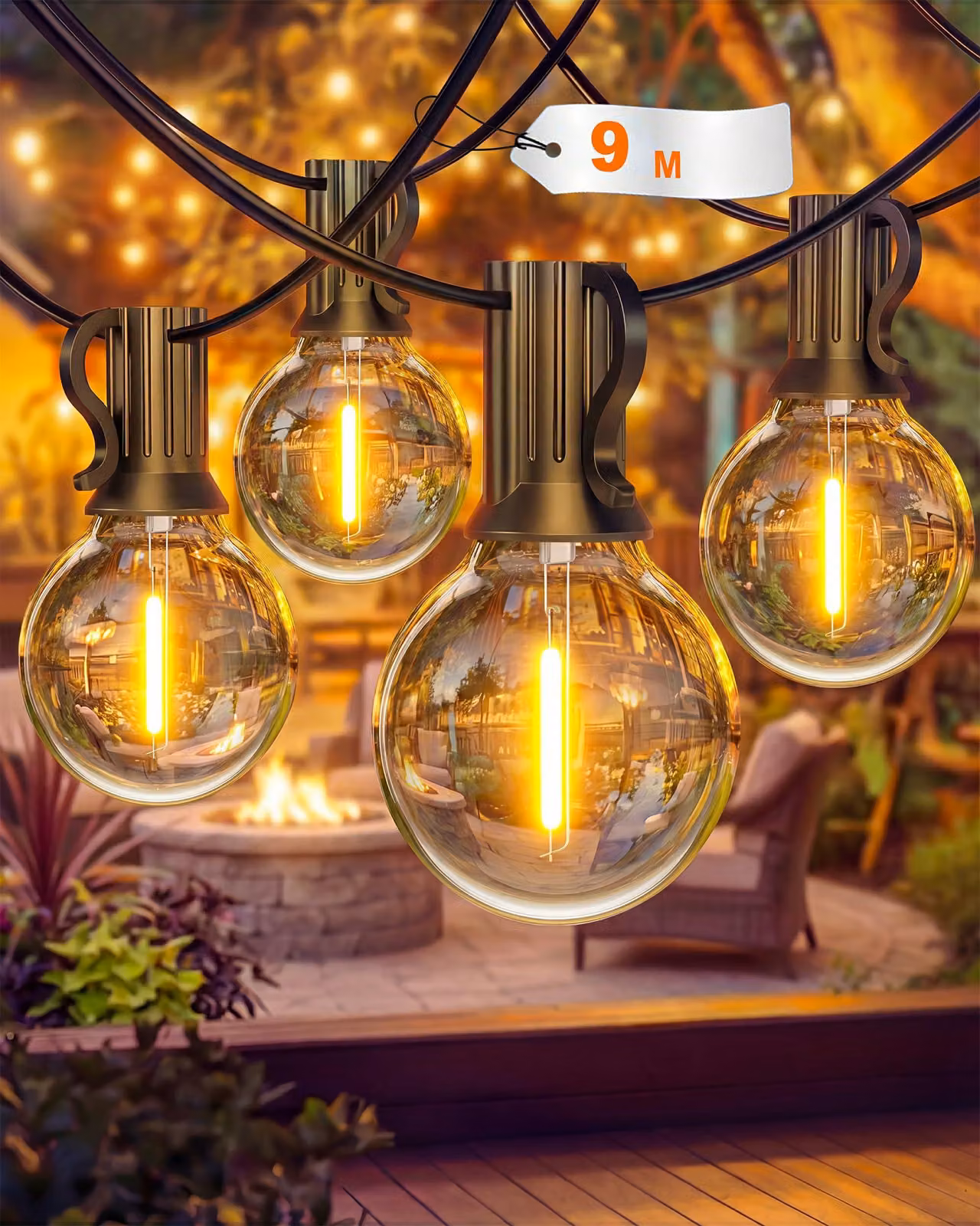 Catena luminosa G40, lunghezza 9 metri, 12 LED, grado di protezione IP65, resistente agli urti, adatta per uso esterno