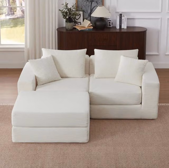 Divano modulare 259,5x96x80 cm bianco, in tessuto, con base antiscivolo, per piccoli spazi –