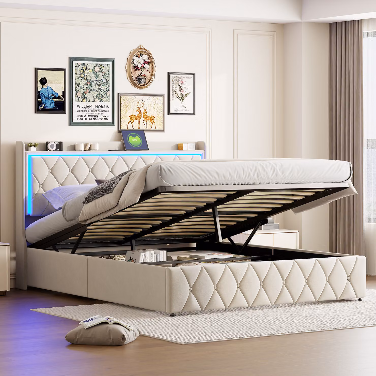 Letto imbottito ProximaX Beige 140x200cm con luce LED, ricarica USB, sistema idraulico, contenitore, rivestimento in velluto, letto matrimoniale in legno con boxspring