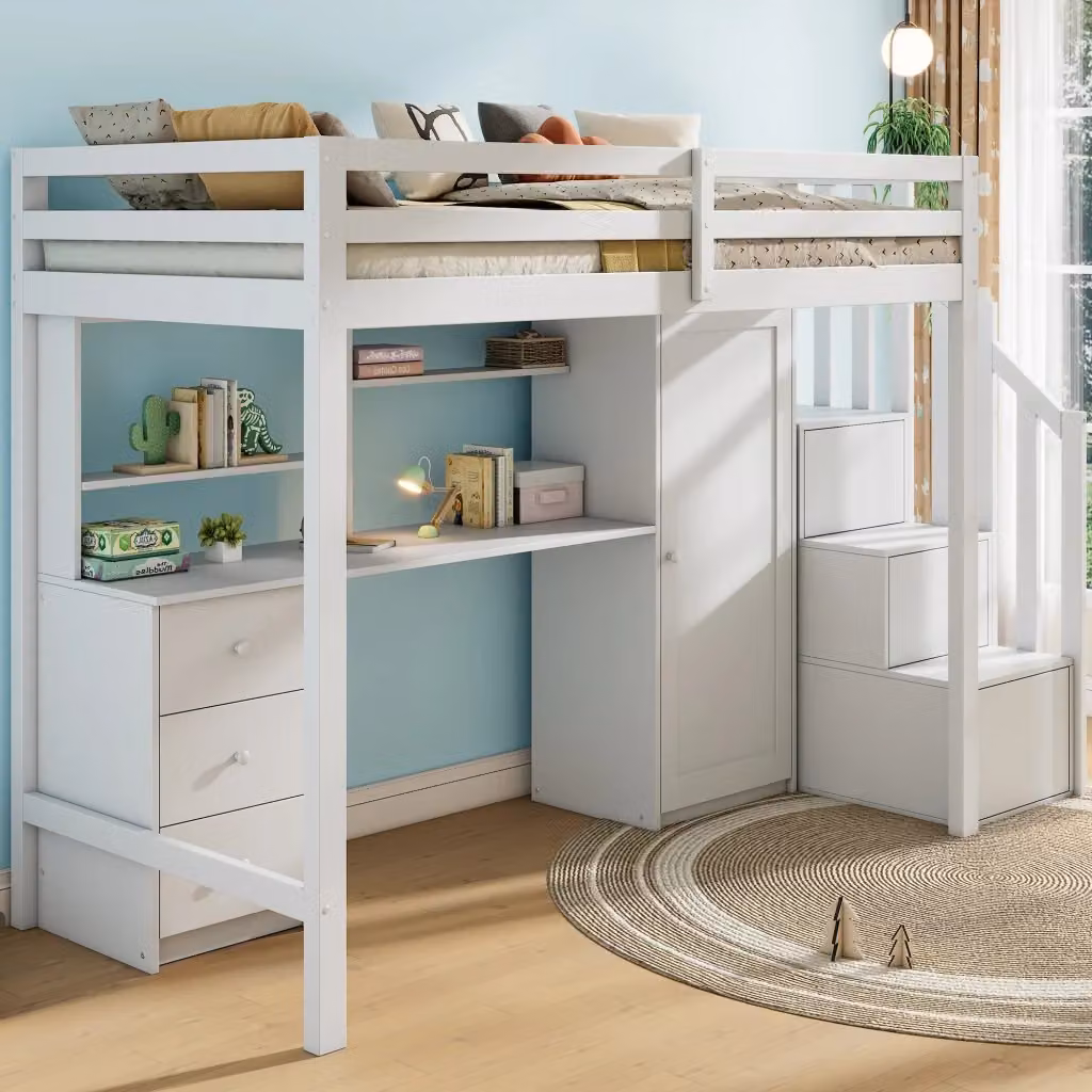 Letto a castello REDOM per bambini con scrivania, armadio e scala, colore bianco, L/P/H: 200 x 90 x 110,82 cm – 2