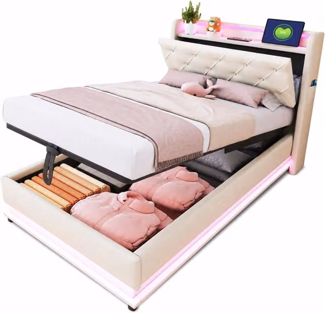 Letto singolo per bambini 90x200 beige con contenitore idraulico e porte USB， senza materasso