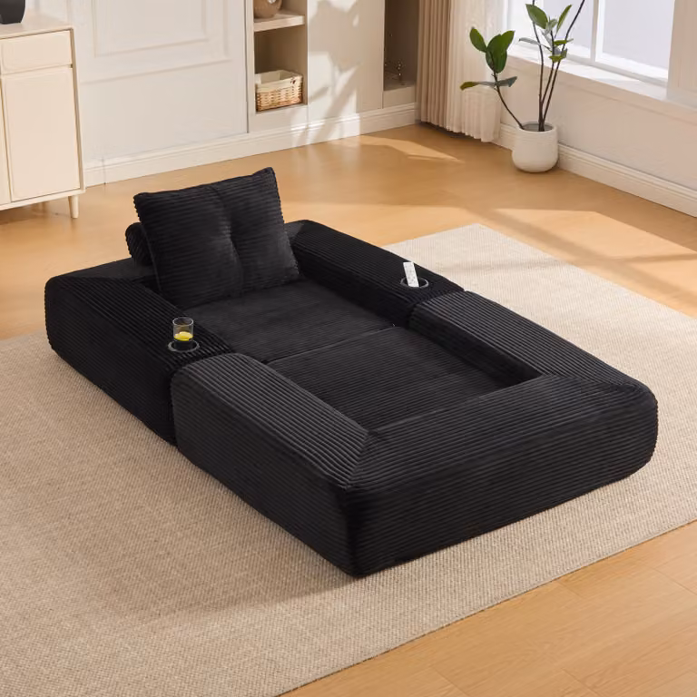 Poltrona relax MODFU con cuscino per lo schienale, tasche laterali e portabevande, divano monoposto in velluto, divano modulare con braccioli rimovibili, trasformabile in letto, nero