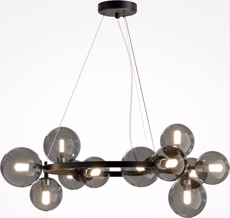 Lampadario Contemporaneo Dallas Metallo Nero 11 Luci Diffusori Vetro Specchiato