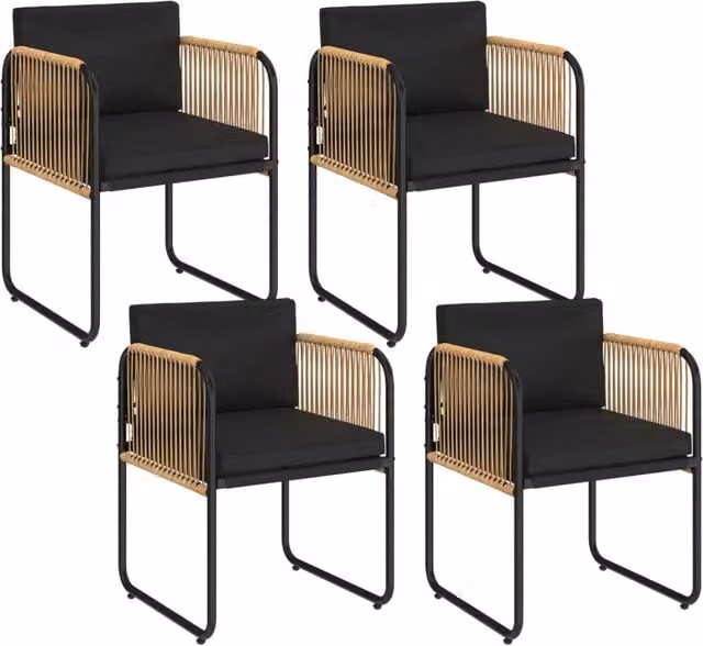 Set di 4 sedie da giardino RIO IDMarket con struttura in metallo nero, cordoncino effetto rattan beige e cuscini neri – 1
