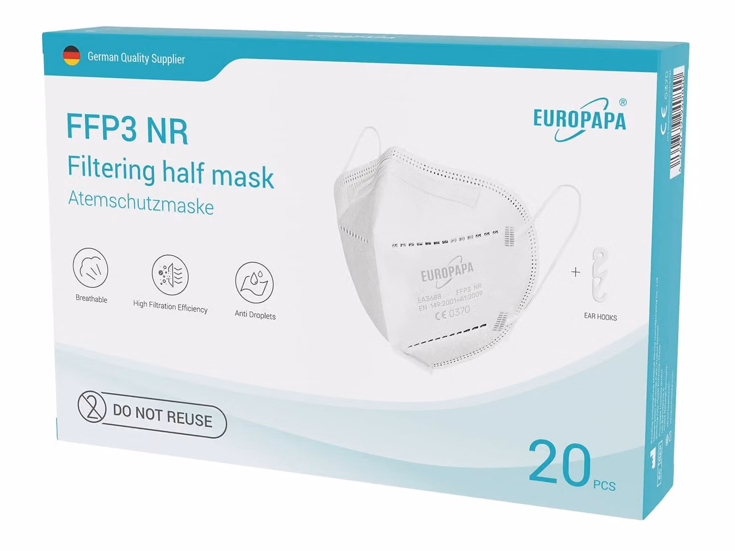 EUROPAPA® 20 mascherine FFP3 bianche, mascherine di protezione respiratoria a 5 strati, protettive contro la polvere, confezionate singolarmente in modo igienico, lotto 2009, mascherine per la bocca