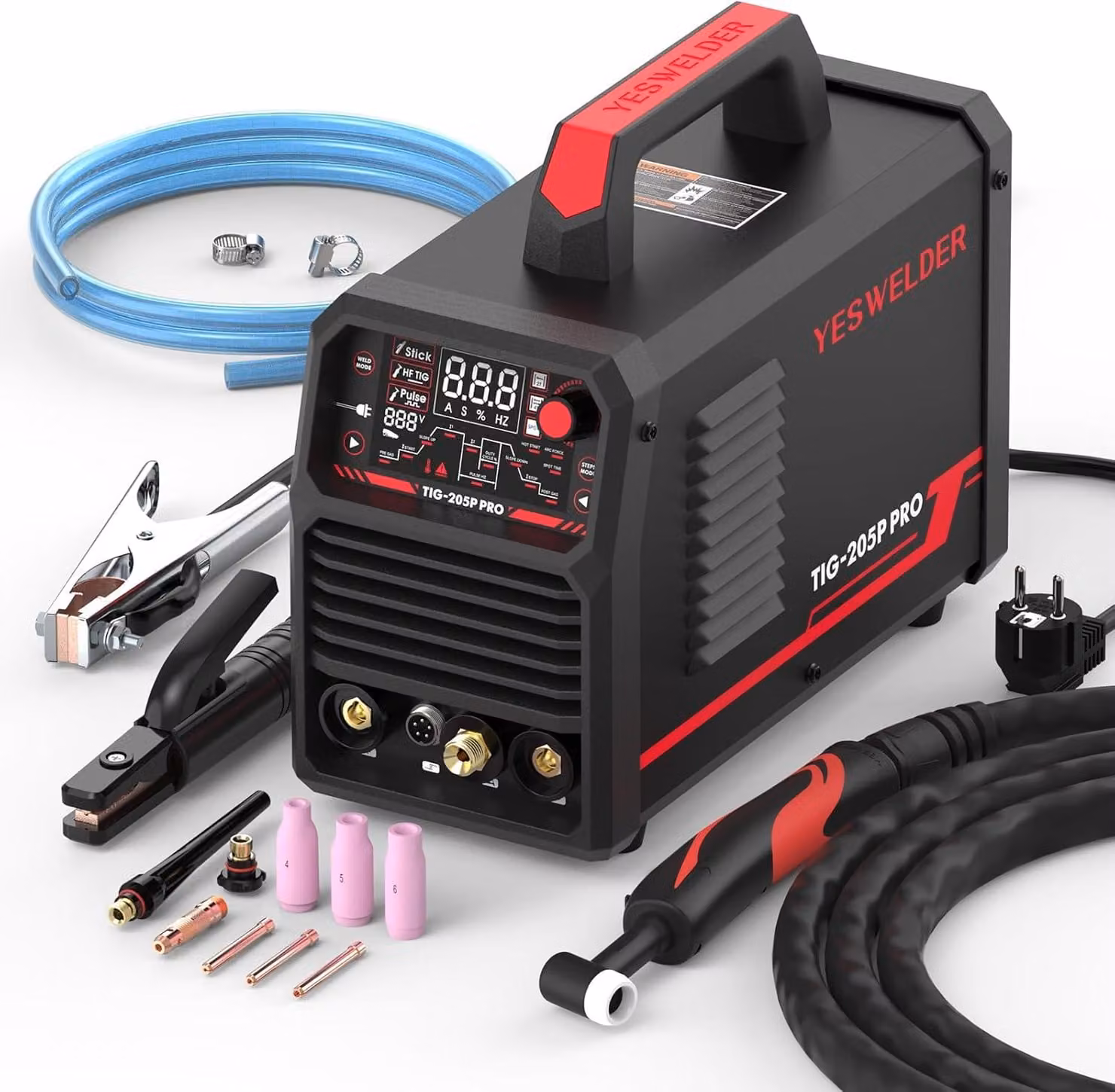 Saldatrice TIG a impulsi da 200 Ampere con ampio display LED, saldatrice 3 in 1 STICK/DC TIG/PULSE TIG, accensione ad arco HF, regolazione dell'arco, preriscaldamento, anti-aderenza