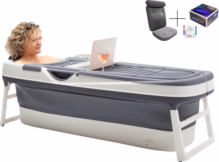 HelloBath® Vasca da bagno pieghevole per adulti XXL, 157x60x48 cm - Con cuscino da bagno, copertura, luce da bagno e rulli massaggianti - Vasca da bagno mobile