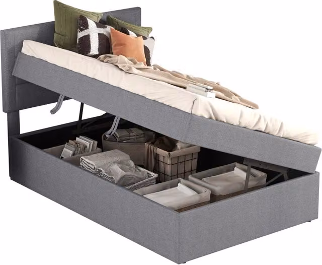 Letto Singolo con Contenitore a Alzata in Legno e MDF Grigio L/P/H: 200 x 90 x 105 cm – 1