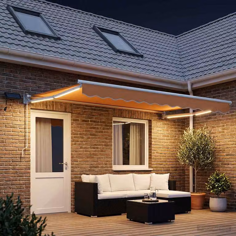 Tenda retrattile manuale con LED vidaXL, colore sabbia e bianco, con bracci pieghevoli e montaggio a parete