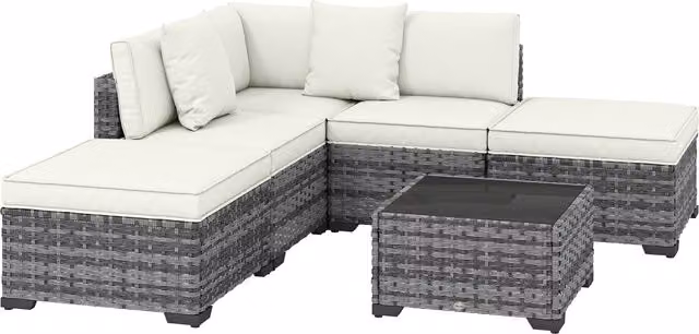 Set da giardino Outsunny Aosom composto da 6 pezzi in rattan e acciaio con divano a L, tavolino e cuscini, colore grigio