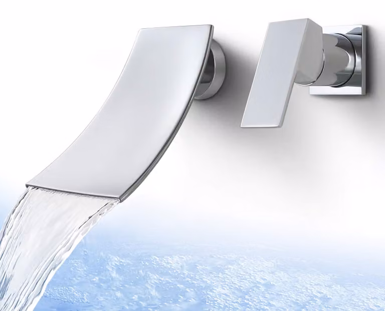 Miscelatore a parete per lavabo, con cascata, finitura cromata, un'unica leva, in ottone
