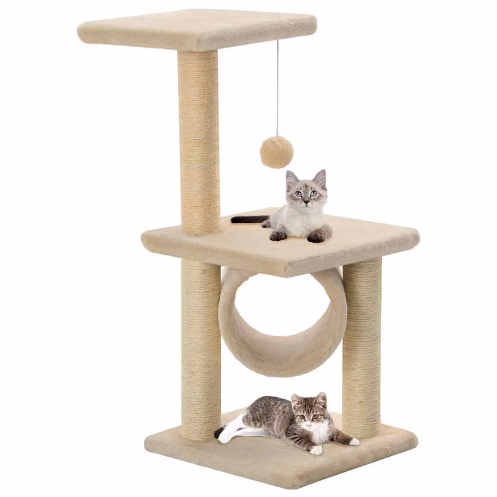 vidaXL Albero per Gatti con Tiragraffi in Sisal e Giocattoli Integrati, Beige, H: 65 cm, L: 30 cm, P: 30 cm