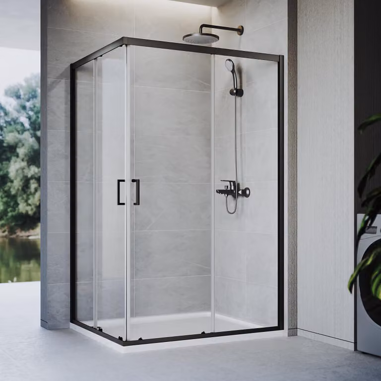 Cabina doccia SONNI 120 x 120 x 185 cm nero opaco, porta scorrevole con binario superiore e inferiore, vetro da 5 mm, telaio della porta con possibilità di regolazione di 20 mm
