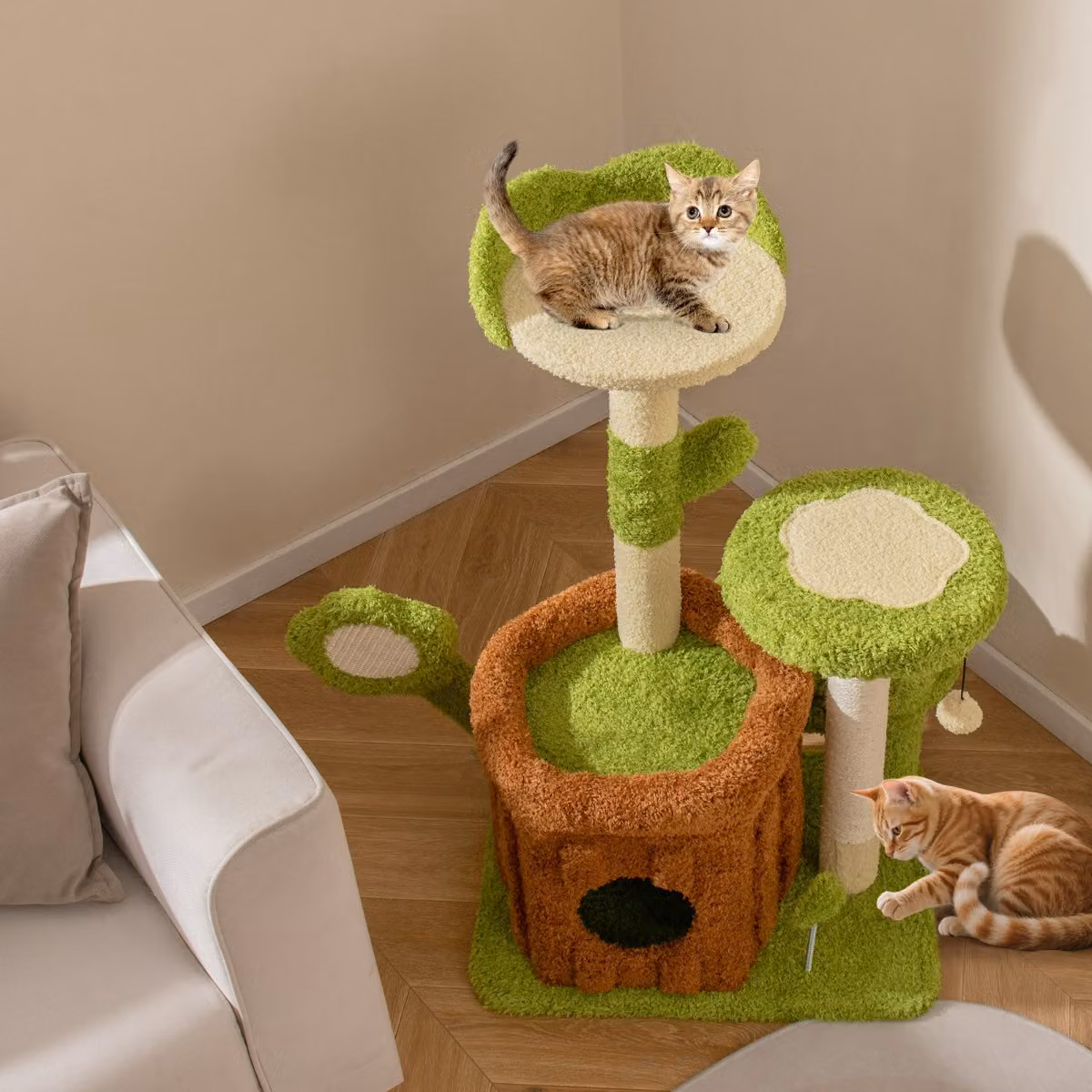 Torre multilivello Costway per gatti con condominio, tronco e letto imbottito, centro di attività per animali da interno, Verde