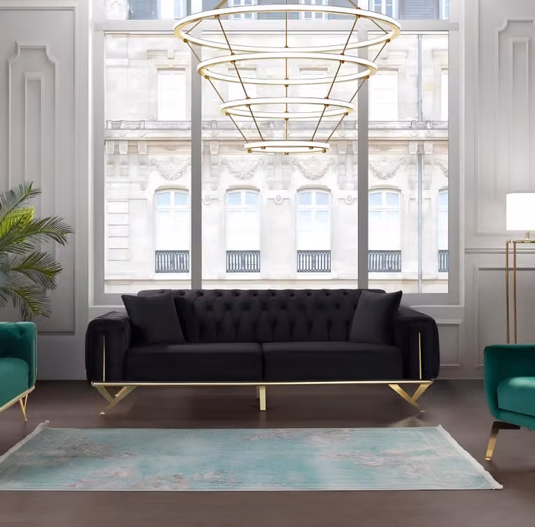 Schwarz Chesterfield Couch Dreisitzer Sitzpolster Couchen Sofa Möbel Samt Holz