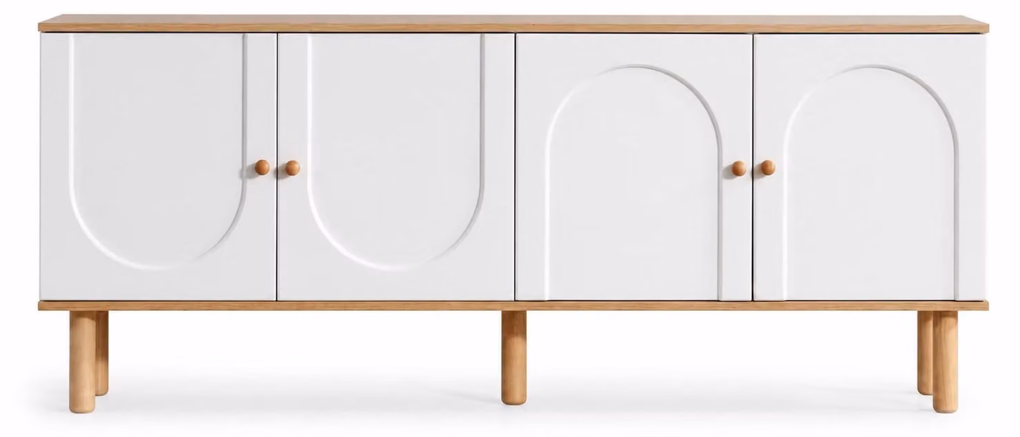 Credenza moderna bianca con gambe in legno e eleganti curve