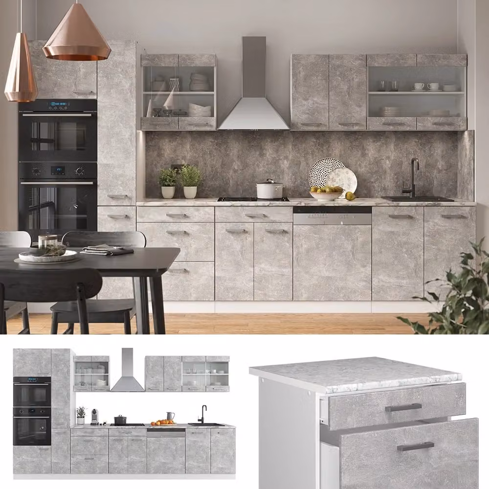 Mobile da cucina Vicco R-Line Calcestruzzo e Bianco con armadio alto e dettagli in Rovere L: 350 cm, P: 60 cm, H: 246,8 cm – 2